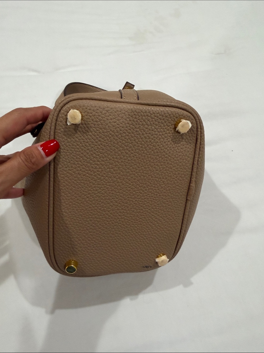 Taupe Pebbled Mini Bucket Bag with Top Handle - Picture 3 of 6